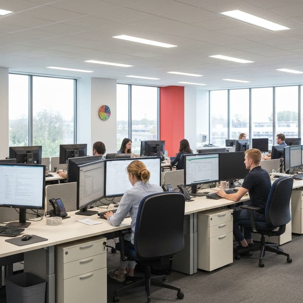 Modern office workspace with organized technology and cable management