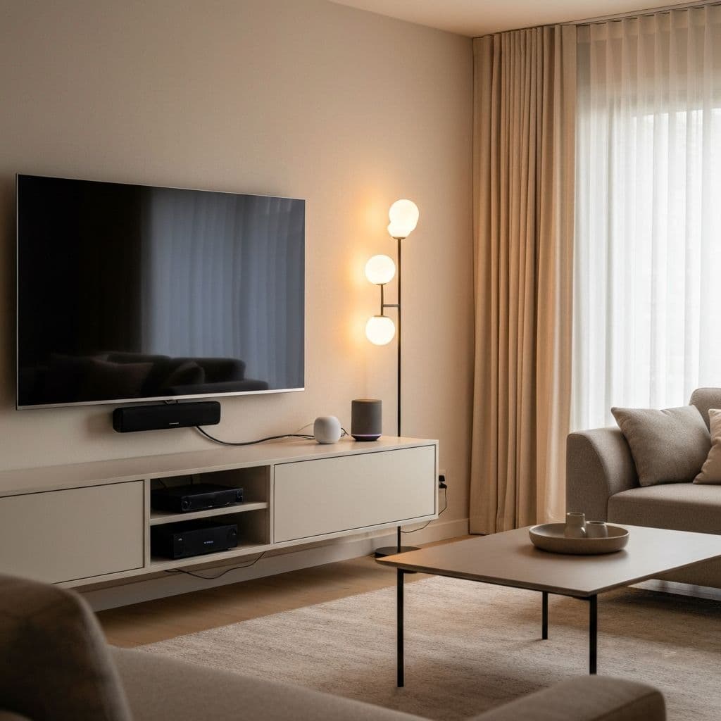 Modern living room with smart home technology and clean cable management